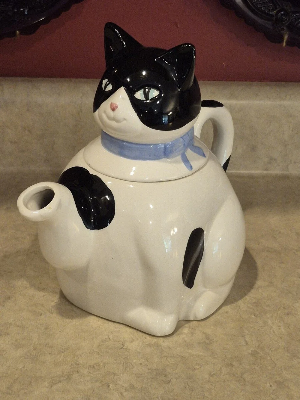 Black and White Cat Teapot with Blue Collar - Ceramic Pet Décor Unbranded